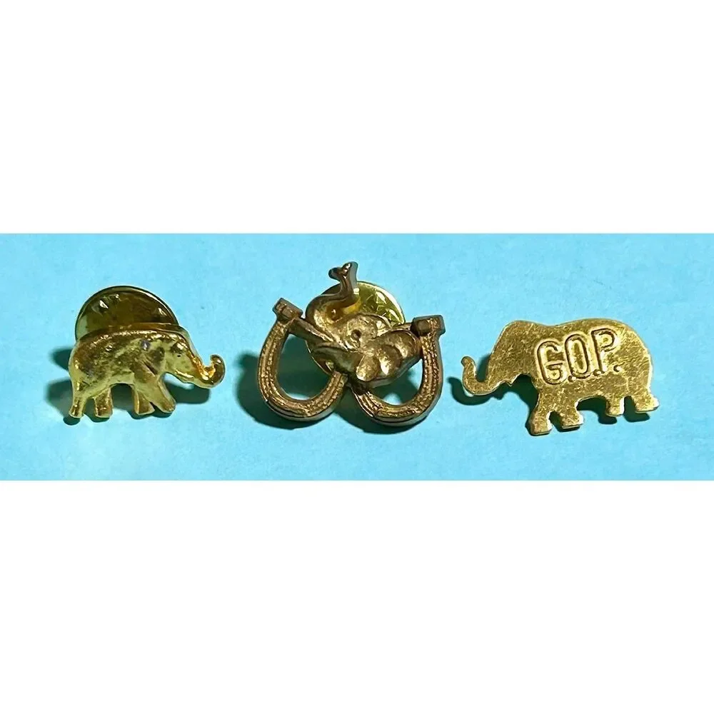 3 GOP Elephant Pins  1968 GULF OIL Elephant -+- 2 Republican Campaign Pins